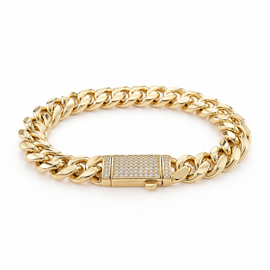 Cuban Link Pavé Clasp Bracelet – Yellow Gold Finish Sterling Silver