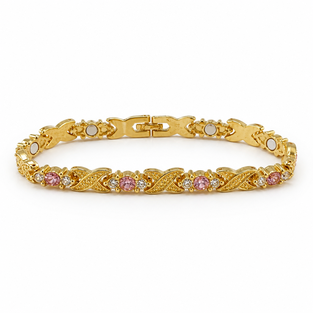 Pink Crystal Link Bracelet – Yellow Gold Finish Sterling Silver