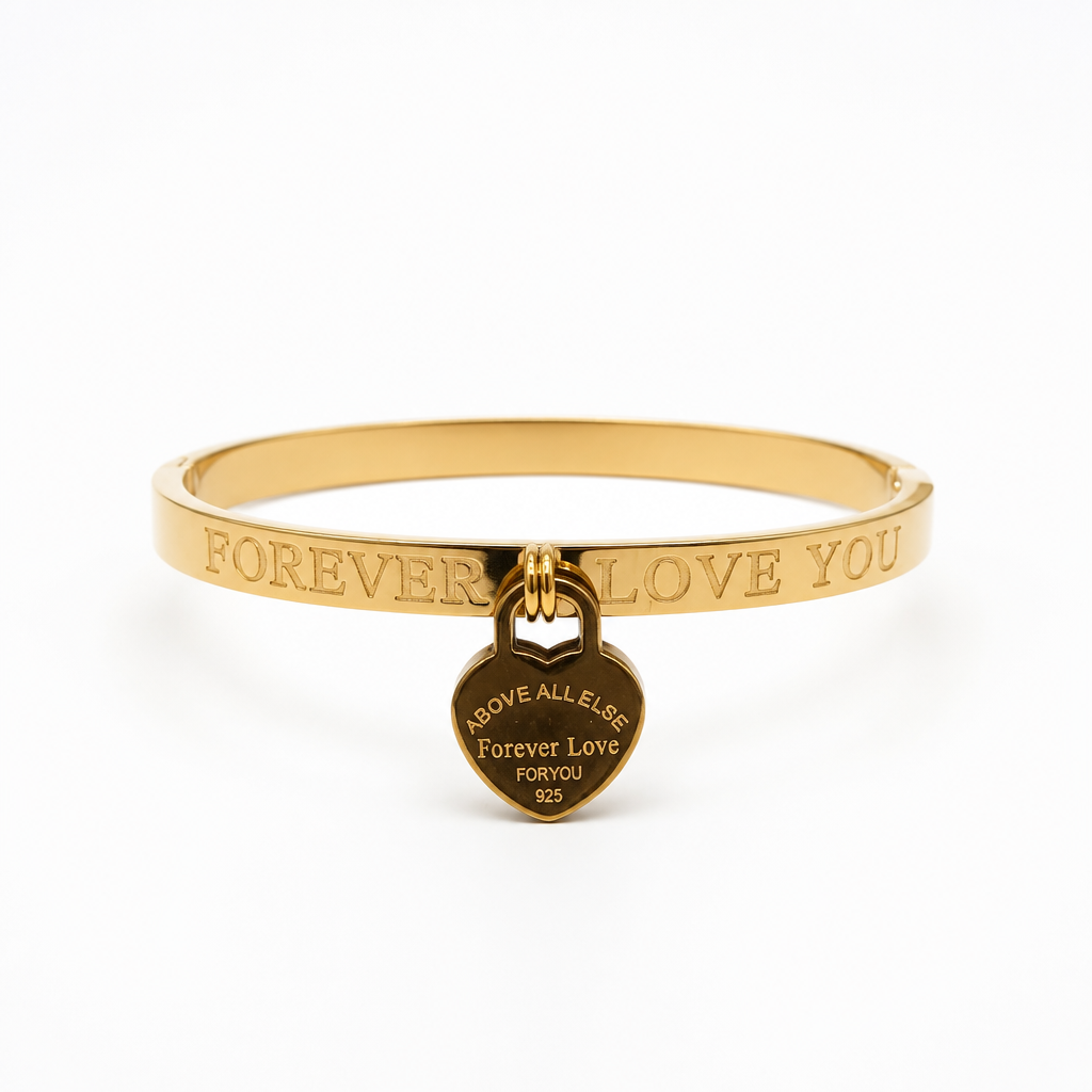 Forever Love Heart Lock Bangle – Yellow Gold Finish Sterling Silver