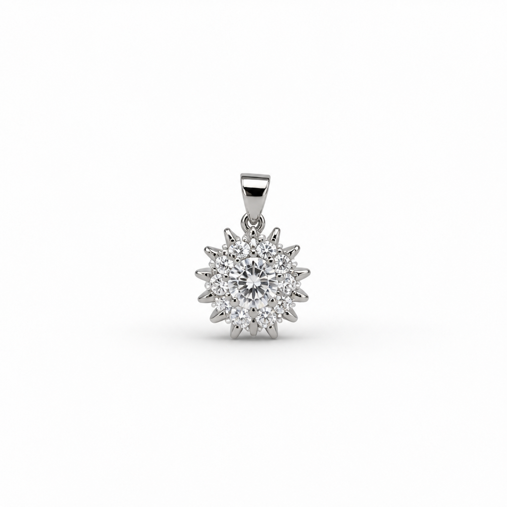 Sunburst Moissanite Pendant Necklace –18K White Gold Finish|