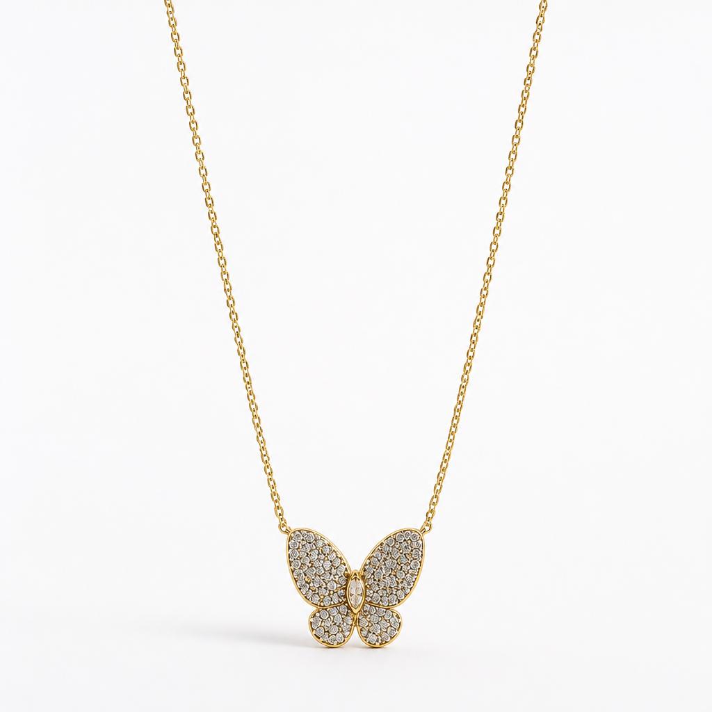 Butterfly Pavé Pendant Necklace – Yellow Gold Finish
